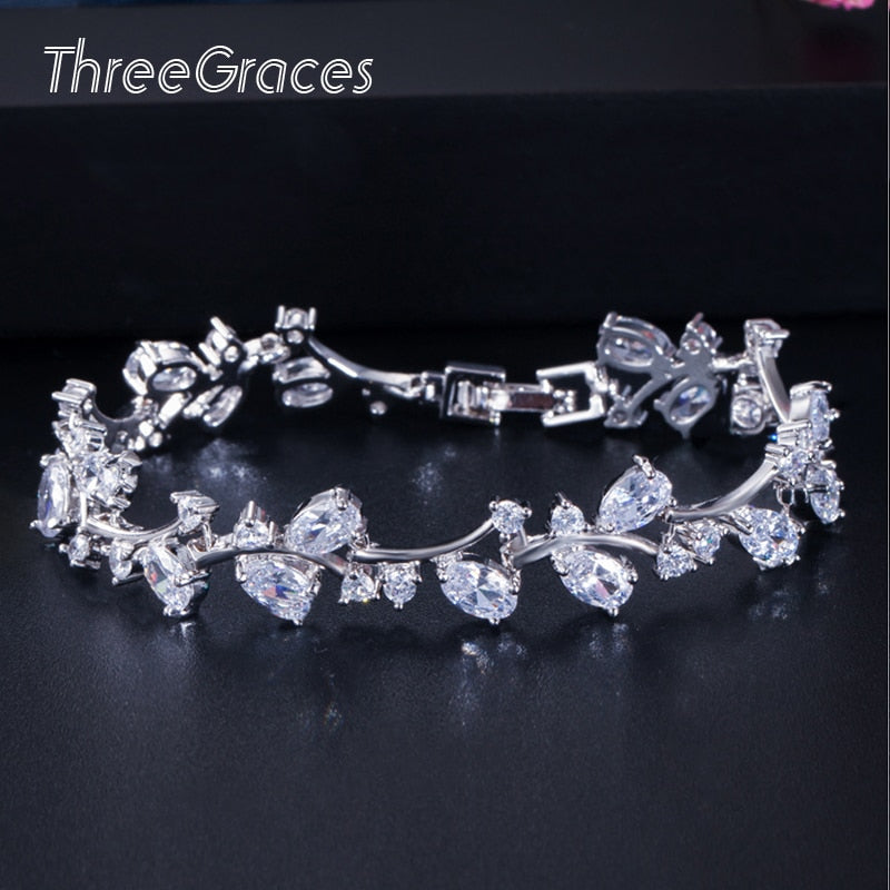 ThreeGraces Romantic Silver Color Leaf and Flower Shape Shiny White Cubic Zirconia Bridal Wedding Bracelets Jewelry