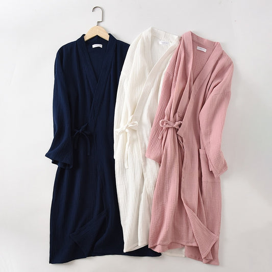 Crepe Gauze Bathrobe Solid 100% Cotton Robe Long-sleeved V-neck Kimono Wedding Robes Sleepwear Plus Size Dressing Gown