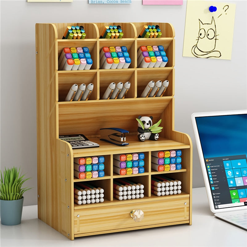 Creative Multi-function Wooden Desktop Pen Holder Office School Stationery Storage Stand Case Desk Pen Pencil Organizer