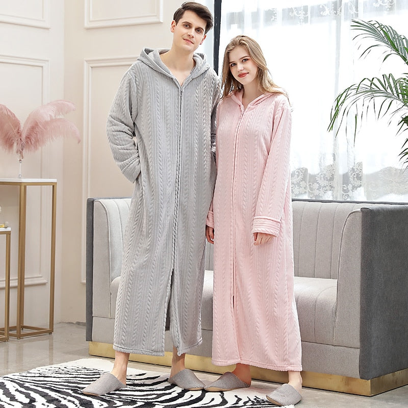 Women Winter Plus Size Long Warm Flannel Hooded Bathrobe - Zipper Bath Robe Pregnant Night Dressing Gown Men Sleepwear