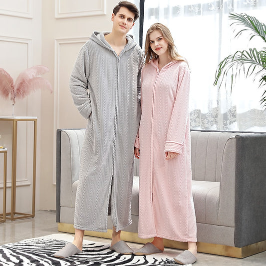 Women Winter Plus Size Long Warm Flannel Hooded Bathrobe - Zipper Bath Robe Pregnant Night Dressing Gown Men Sleepwear