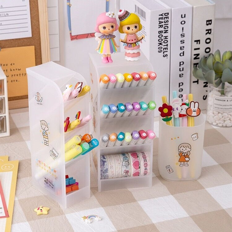 MINKYS Kawaii 4 Gird Desktop Organizer Pen Holder Free Sticker Desk Makeups Pencil Storage Stand Box School Office Stationery