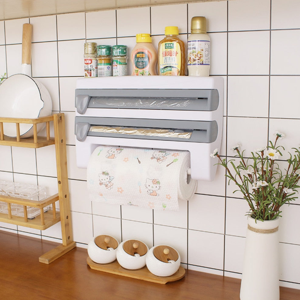 Plastic Refrigerator Cling Film Storage Rack Wrap Cutter Wall Hanging Paper Towel Holder Kitchen Organizer