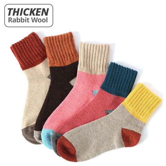 HSS Brand 5 Pairs High Quality Women Winter Socks Vintage Patchwork Rabbit Wool Sock Thicken Warm Thermal Cotton Socks