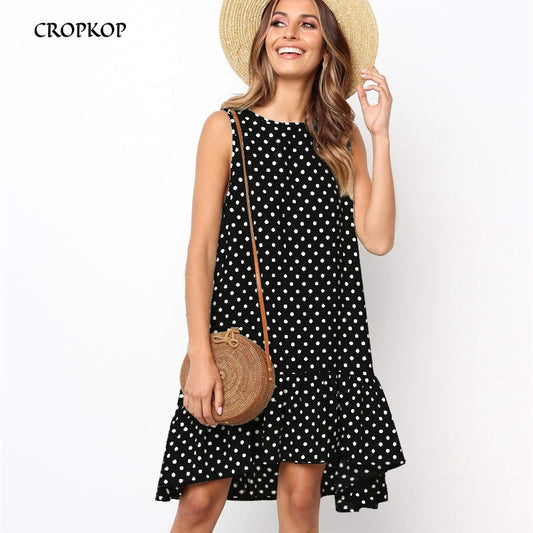 Women Summer Dress Ruffles Polka Dot Sleeveless Mini Dresses Plus Size Casual Loose Black Beach Sundress