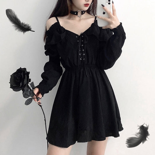 Women Dress -Lace Up Black Autumn Sexy High Waist Femme Dresses Off Shoulder Long Sleeve Gothic Clothes