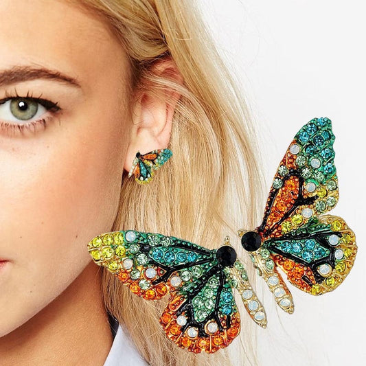 Color Butterfly Wing Earrings 925 Silver Needle Inlaid Rhinestone Personality Earrings Girl Student Fashion Earrings Jewelry