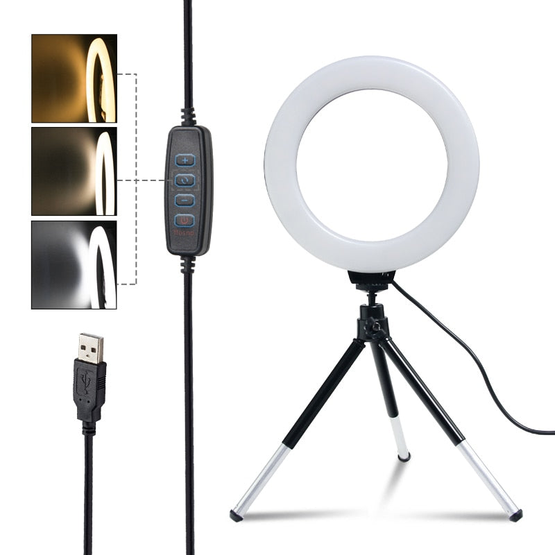 Ring Light With Tripod Stand Usb Charge Selfie Led Lamp Dimmable Photography Light For Photo Photography Studio (16cm/6 inch)