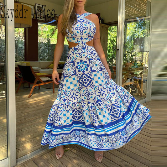 Vintage Printed Dresses Summer Women Sleeveless Halter Sexy Long Dress A-Line Elegant Woman Pary Dress