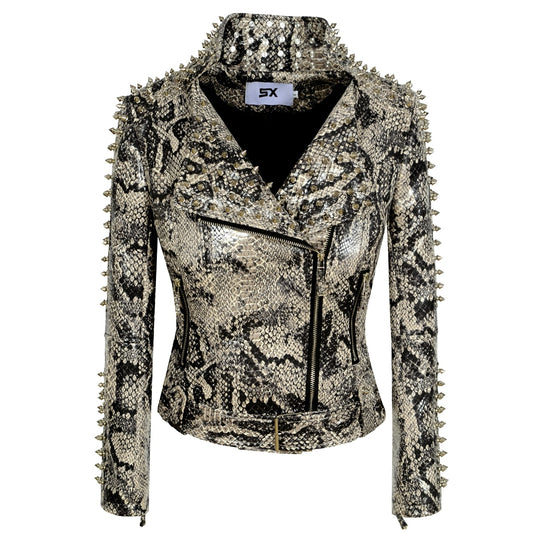 New Women Spring Leopard Print PU Rivet Jacket Zipper Studs Coat Lapel Collar Moto Belt Female Faux Leather Windbreak Outerwear