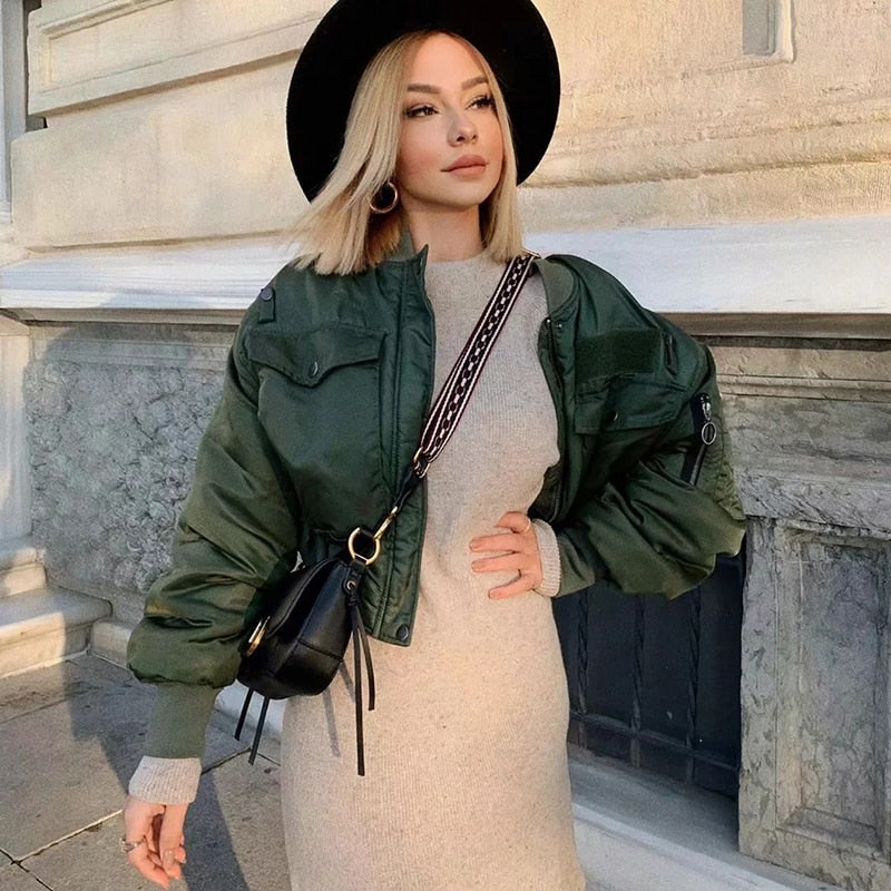 Stylish lady autumn winter merodi  green short jackets women fashion long sleeve zipper bomber jacket outwear women's coat