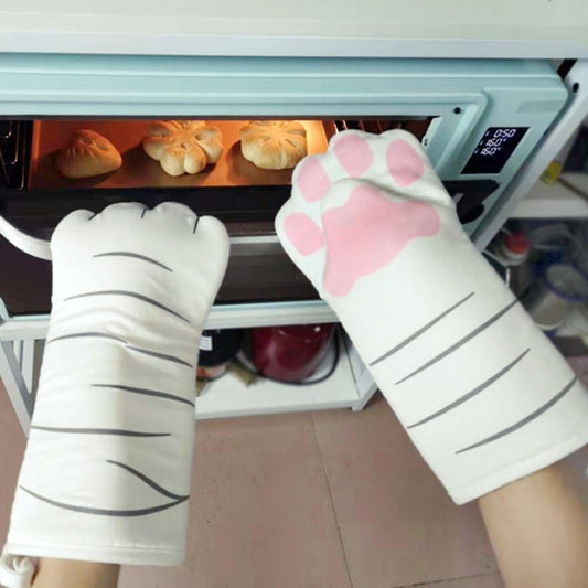 Cartoon 3D Cat Paws Oven Mitts Heat Resistant Non-slip Kitchen Baking Gloves Long Cotton Kitchen Microwave Insulation Gloves