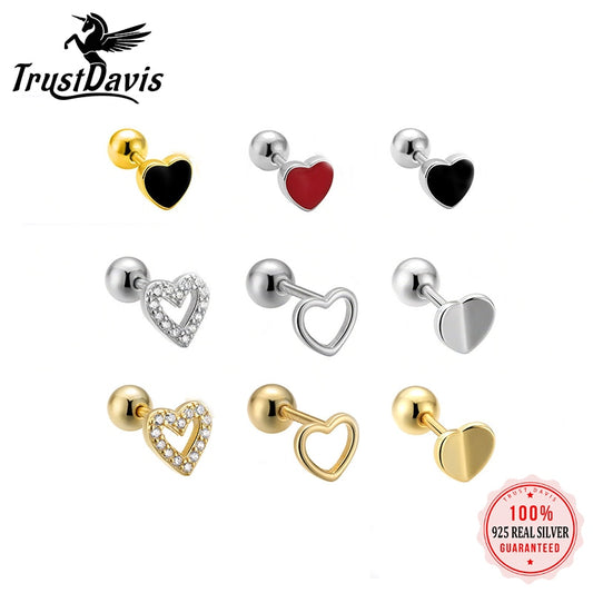 Sterling Silver Romantic Heart Bead Screw Stud Earrings For Women Wedding Minimalist Fine Jewelry