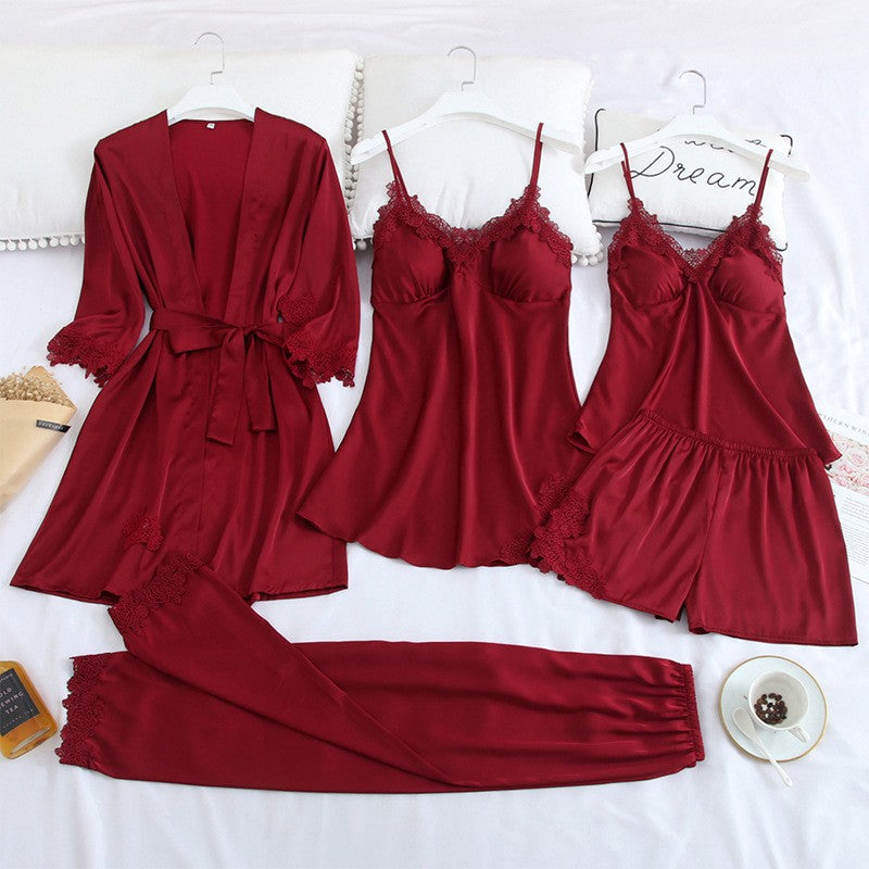 Sexy Print Bride Wedding Robe Set Soft Sleepwear Women Summer Satin Nightwear Bathrobe Homewear Sleep Set Short Nightdress