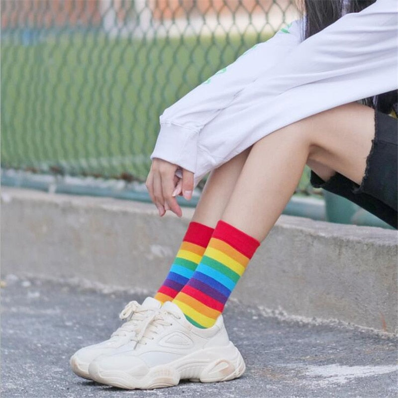 Cotton Elasticity Sweat Women's High Socks Candy Color Rainbow Socks Striped Sporty Meias Casual Streetwear Harajuku Socks