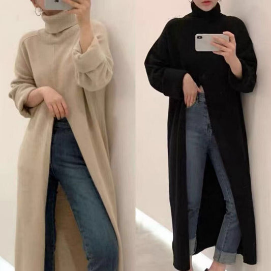 Turtleneck Long fall winter Sweater Dress Side split Female Pullover mujer sueteres