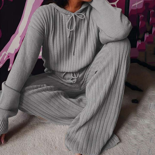 Knitted Pajama Set Women Hooded Pajama Pants Home Suit for Women Long Sleeve Sleepwear Loose Lounge Wear Ladies