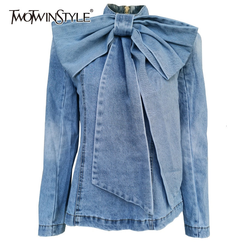 Bow Denim Women's Jacket Stand Collar Long Sleeve Vintage Ruched Jacket