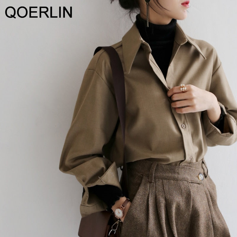 QOERLIN Coffee Blouse Women Spring Autumn Casual Solid Color Long Sleeve Shirt Women Korean Loose Shirt OL Style Workwear S-XL