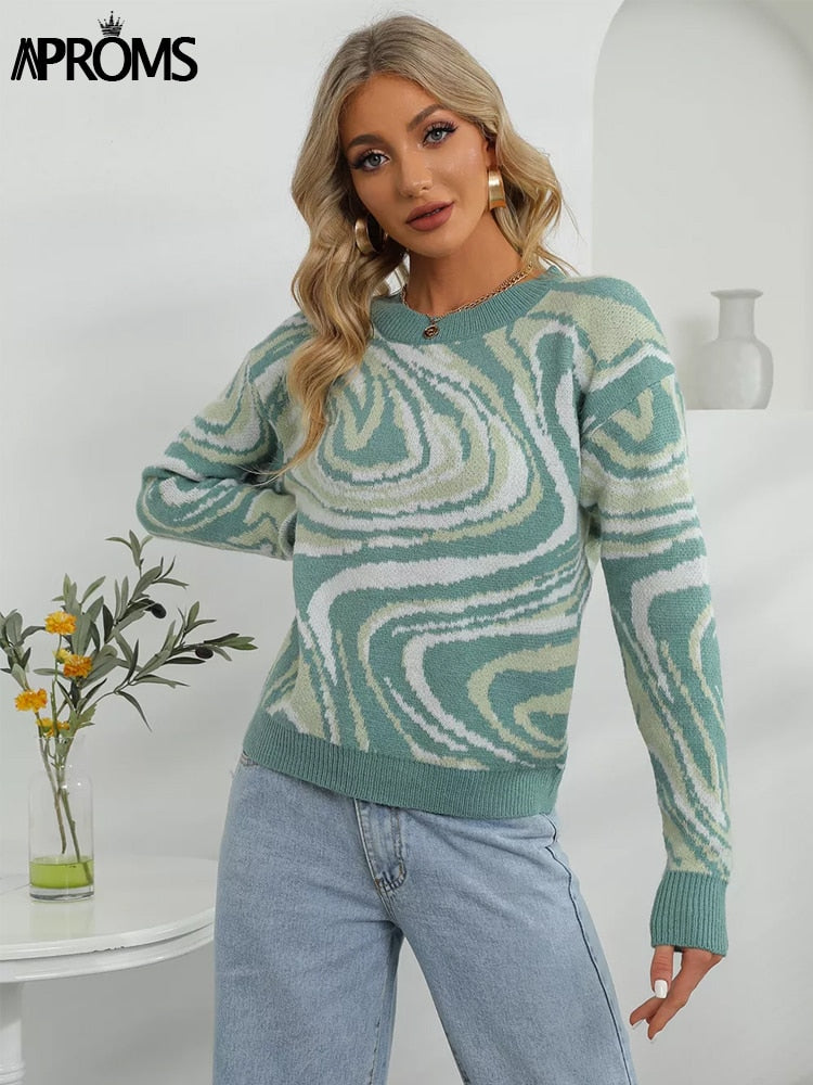 Green Tie Dye Knitted Sweater and Pullovers Women Winter Long Sleeve Warm Ribbed Jumper Female Slim Top