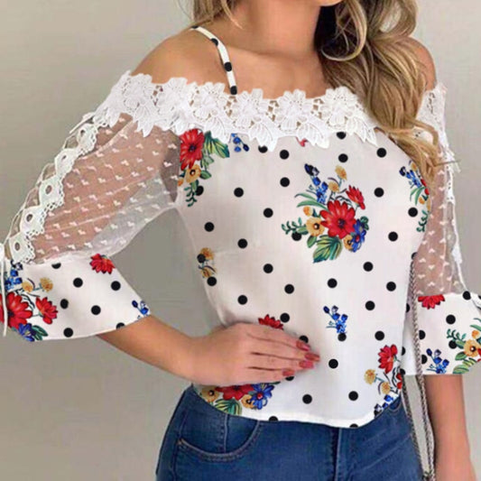 Stylish Party Top Female Fashion Basic Casual Shirt Cold Shoulder Mesh Insert Dots Floral Print Blouse