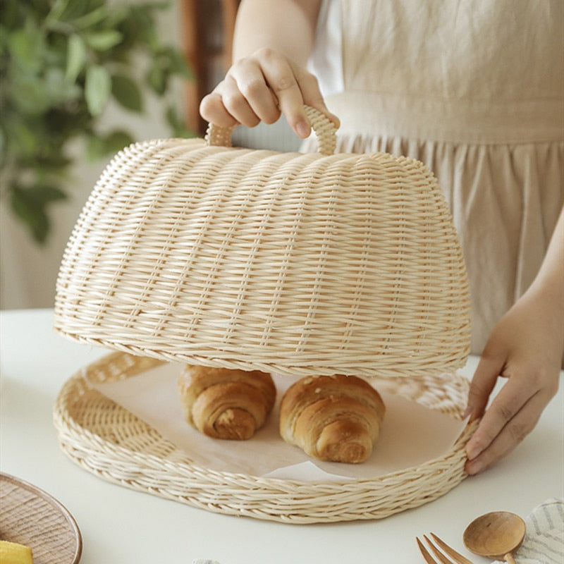 Rattan Basket Bread Basket White Rattan Storage Baskets Fruit Dust Proof Cover Pantry Organizer Kitchen Storage