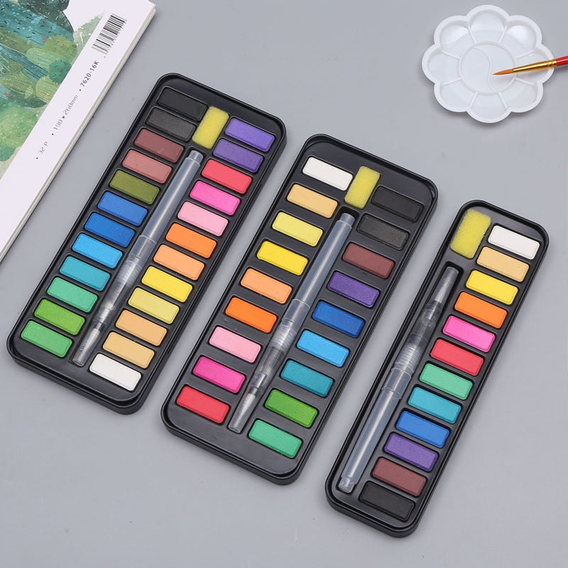 12/18/24 Colors Solid Watercolor Paint Set Portable With Water Brush Drawing School  Acrylic Professional Art Supplies