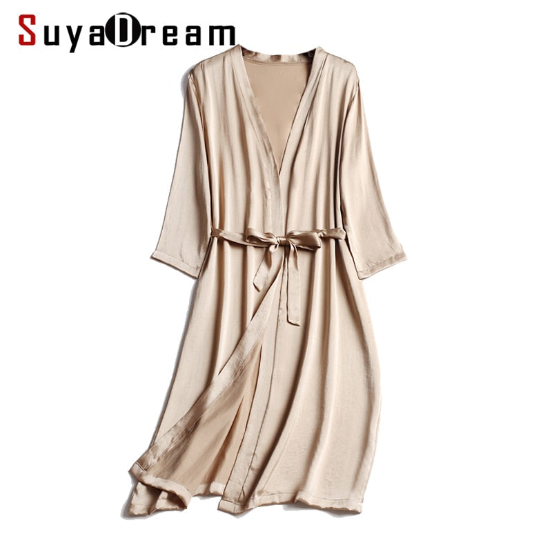 100% Natural silk Women Robes Silk Satin Knee length robe Belted Healthy Sleep wear 2021 Spring Fall Home Wears Kimono