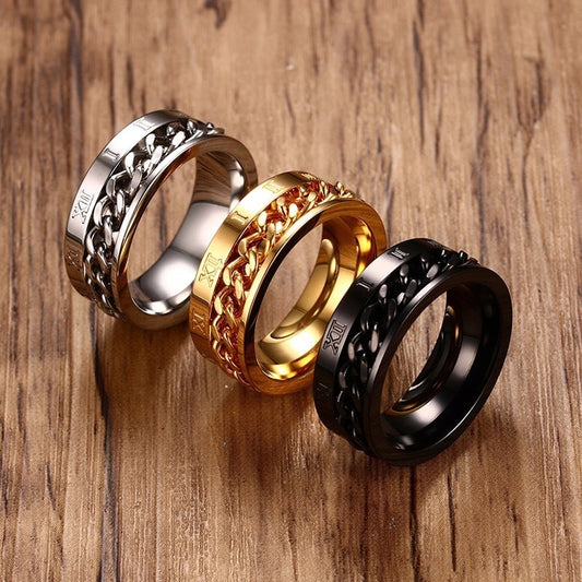 Men's Rings, Roman Number with Cuban Chain Band, 8MM Stainless Steel Spinner Ring ,Male Jewelry