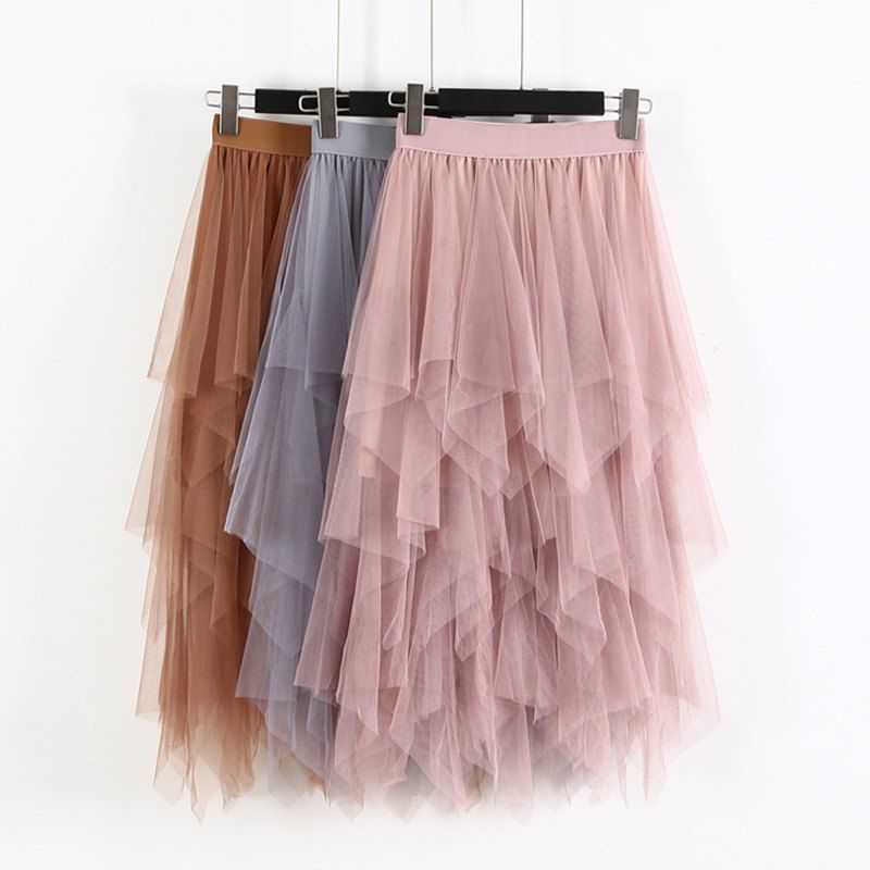 Party Skirt Elastic High Waist Long Tulle Skirt Women Irregular Hem Mesh Tutu Skirt Ladies