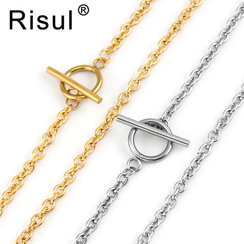 Risul Stainless steel women necklace T bar pendant Rolo O link gold color toggle clasp Chain female