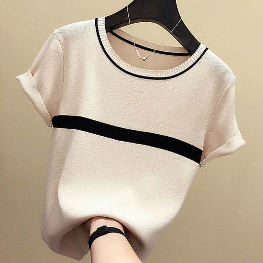 Thin Knitted T Shirt Women Clothes Summer Woman Short Sleeve Tees Tops Striped Casual T-Shirt Female Tshirt Femme