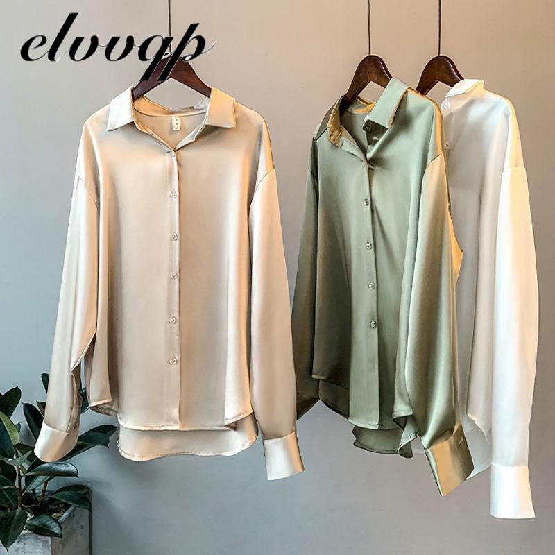 High Quality Elegant Imitation Silk Blouse Spring Women Fashion Long Sleeves Satin Blouse Vintage Femme Stand Street Shirts