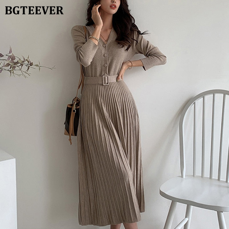 Elegant V-neck Single-breasted Sweater Dress - Belted Female A-line soft dresses