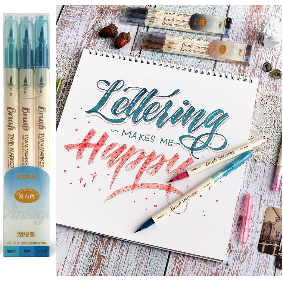 3pcs Retro color Twin Marker Pens Set Brush Drawing Fine Liner Water Based Ink Blendable Watercolor Art Painting School A6133