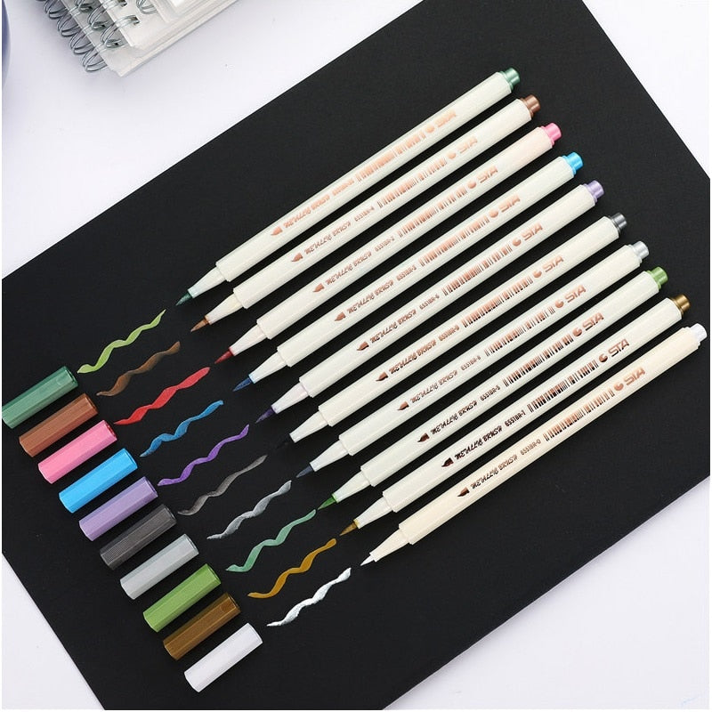 10pcs Metallic Color Brush Marker Pen Set Soft Painting Drawing Hand Lettering Calligraphy School Home DIY Art Supplies A6965