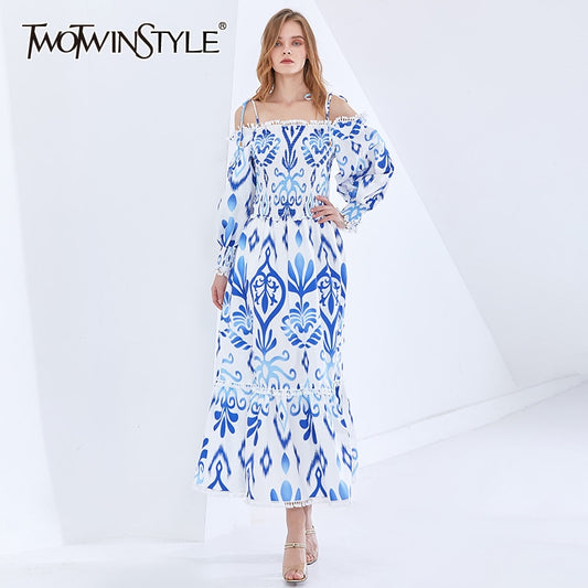 TWOTWINSTYLE Vintage Print Women's Dress Slash Neck Long Sleeve High Waist Hit Color Dresses Female Fashion New Clothing