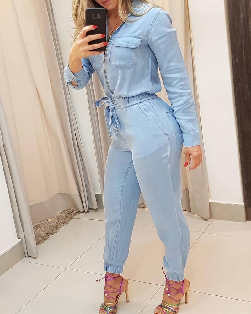 2021 Jumpsuit female long sleeve slim fit lace up waist jumpsuit casual jumpsuits