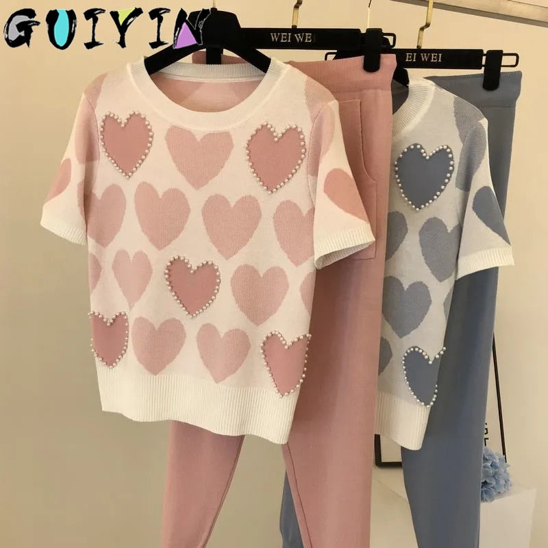 Heart Printed Knitted Sweet 2 Pcs Women Short Sleeve Beading Sweaters Female Tops+pants Suit Pink Casual Tracksuit