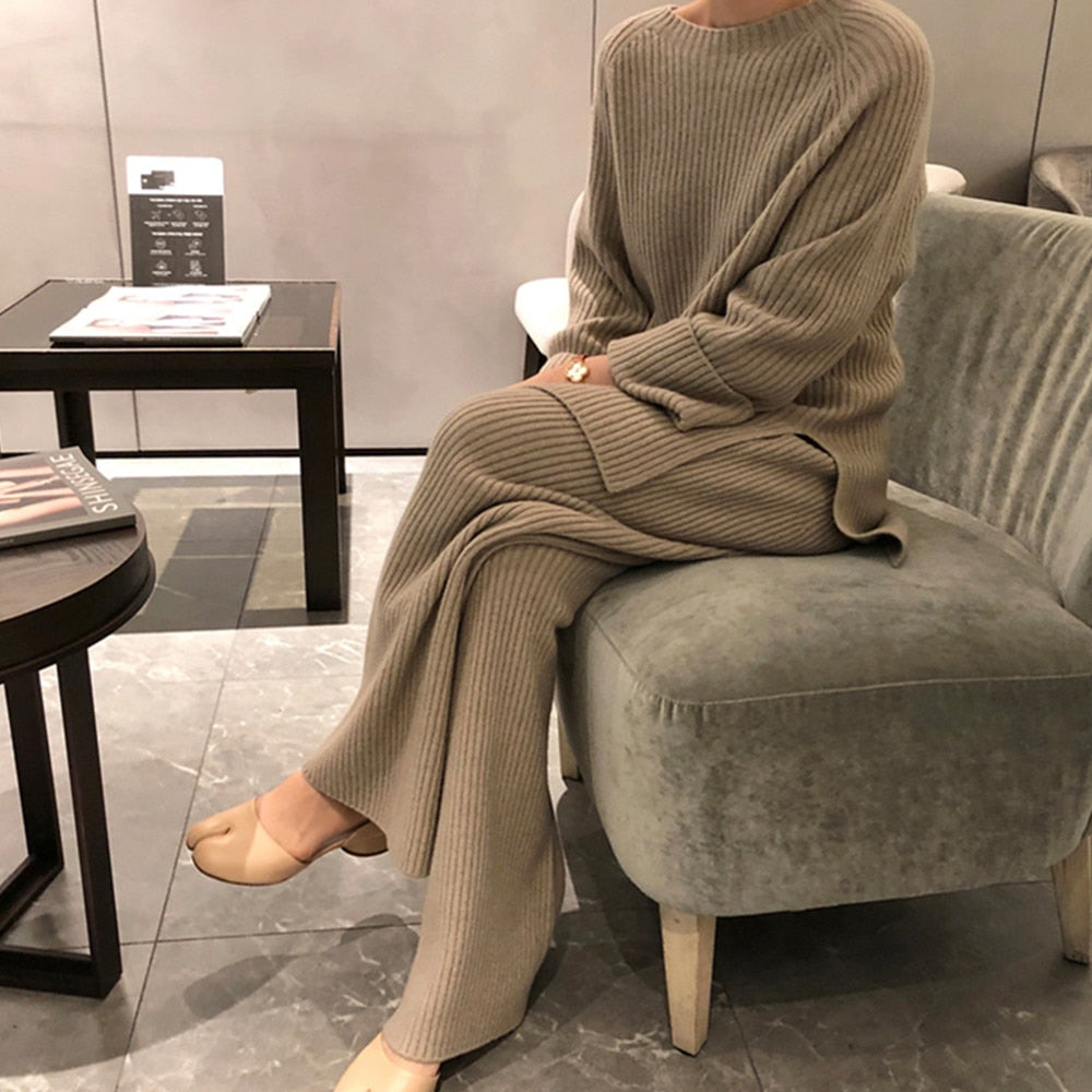 Winter Women's Thicken Warm Knitted Pullover Sweater Two-Piece Suits +High Waist Loose Wide Leg Pants Set