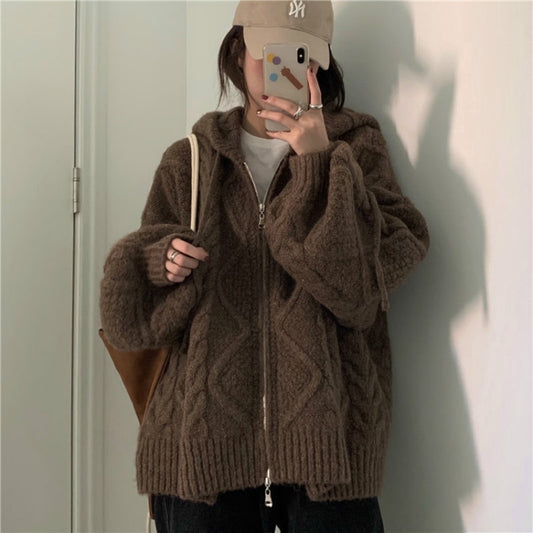 Women Autumn Winter Oversize Knitted Cardigan Casual Hooded Twist Sweater Zipper Long Sleeve Crochet Outerwear