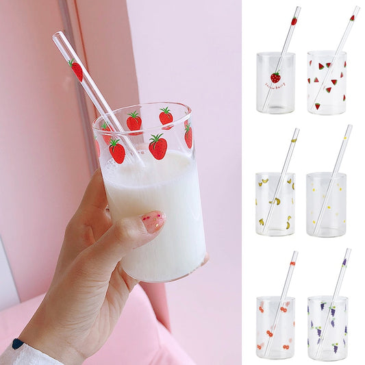 VIP LINK 2pc Cute Printing Straws Glass Cup Fruit Pattern Transparent Milk Water Cup Heat Resistant Coffee Tea Drinkware Cup