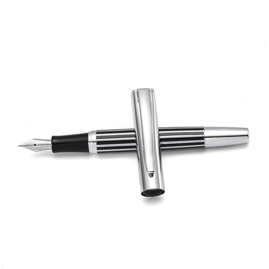 Fountain Pen, Black Stripe Lacquer Barrel, Silver Trim Stainless Steel Medium Nib, Office School Signature