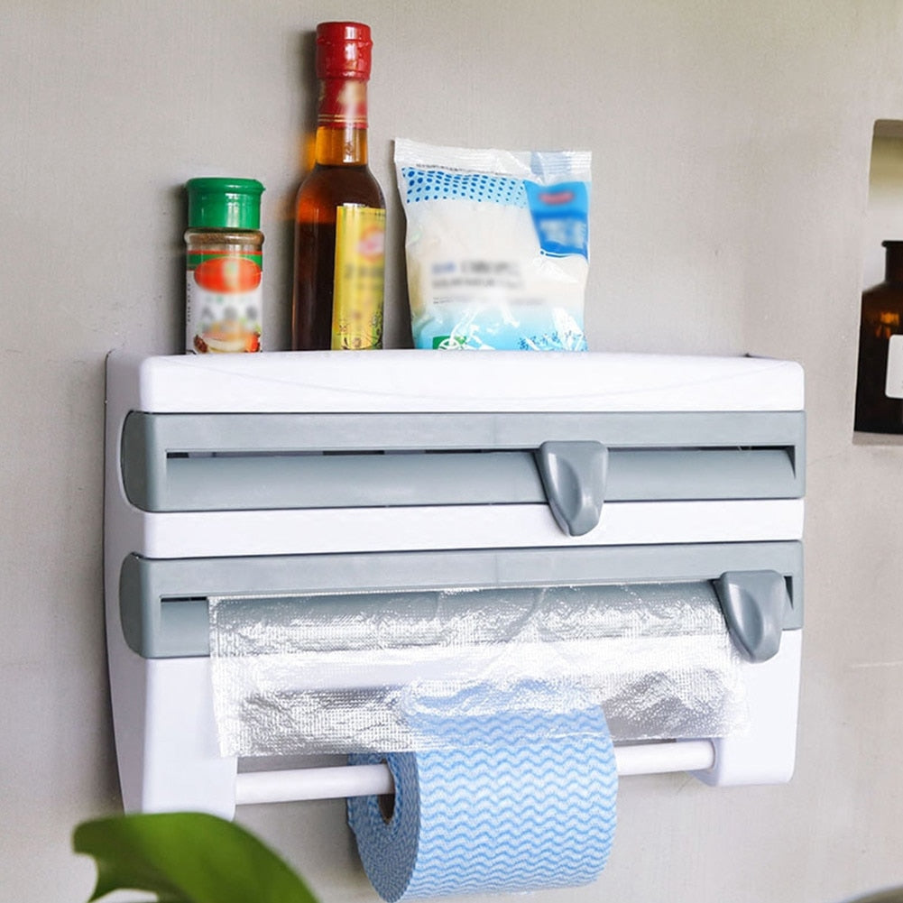 Kitchen Organizer Paper Towel Holder 4 In 1 Cling Film Cutting Holder Sauce Bottle Tin Foil Paper Storage Rack Kitchen Shelves