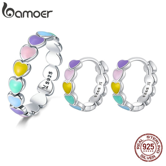 Sterling Silver Rainbow Series Heart to Heart Ring & Earrings Jewelry Set for Women Fine Jewelry Gift