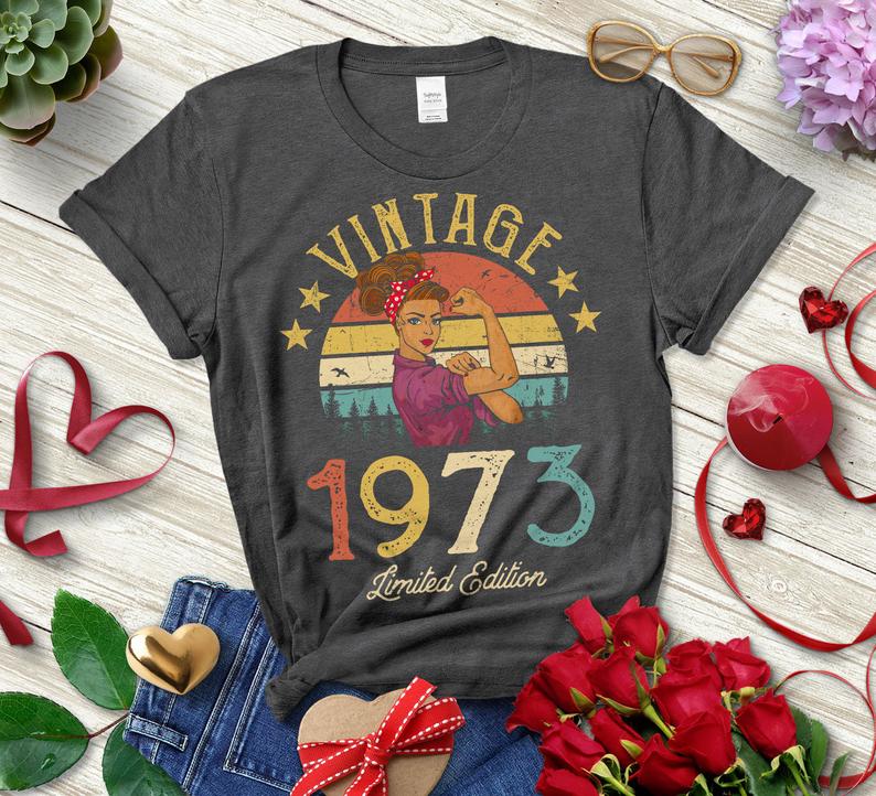 Vintage 1973 Limited Edition Retro  Womens T-Shirt Funny 49th Birthday Gift Grandmom Mom Wife Girl Short Sleeve Top Tees O Neck