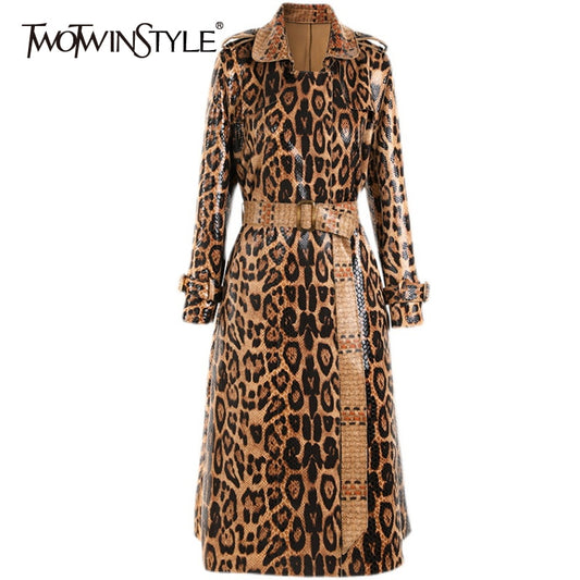 Vintage Leopard Trench For Female Lapel Long Sleeve Gathered Waist Colorblock 2021 Women's Windbreaker Fashion New