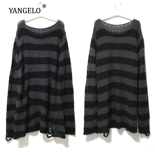 Punk Gothic Long Women Striped Cool Hollow Out Hole Broken Jumper Loose Rock Thin Dark Streetwear Top