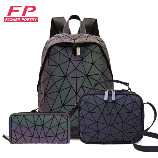 New Luminous Backpack School Women Men Set Rucksack Female Lattice Backbag Holographic Shoulder Bags Purse mochila sac