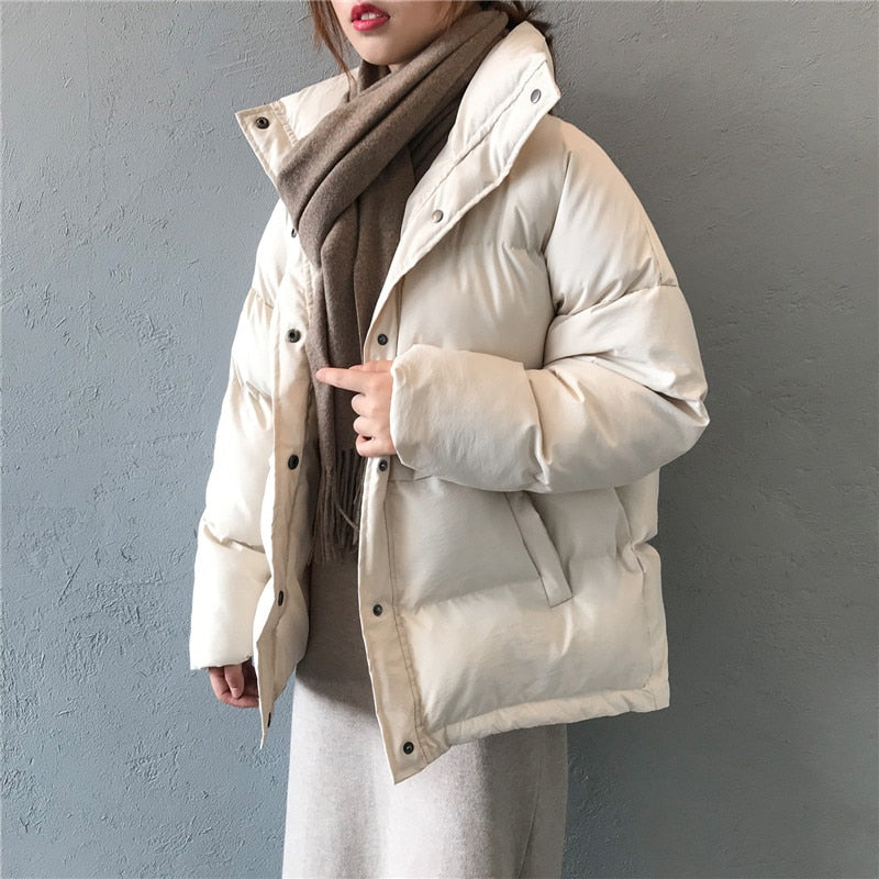 fashion solid women's winter down jacket stand collar short single-breasted coat preppy style parka ladies chic outwear female